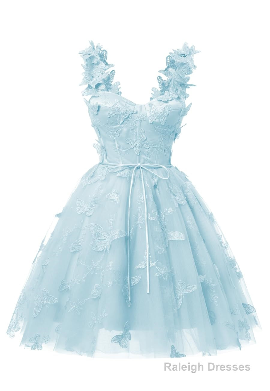 Sky Blue 3D Butterfly Lace Applique Tulle Homecoming Dress for Teens Sweetheart Mini Short Prom Dresses Main image