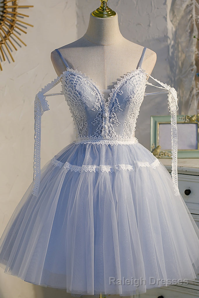 Sky Blue A Line Tulle Lace V Neck Homecoming Dress Main image