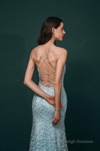 Sky Blue Backless Long Lace Spaghetti Straps Prom Dresses