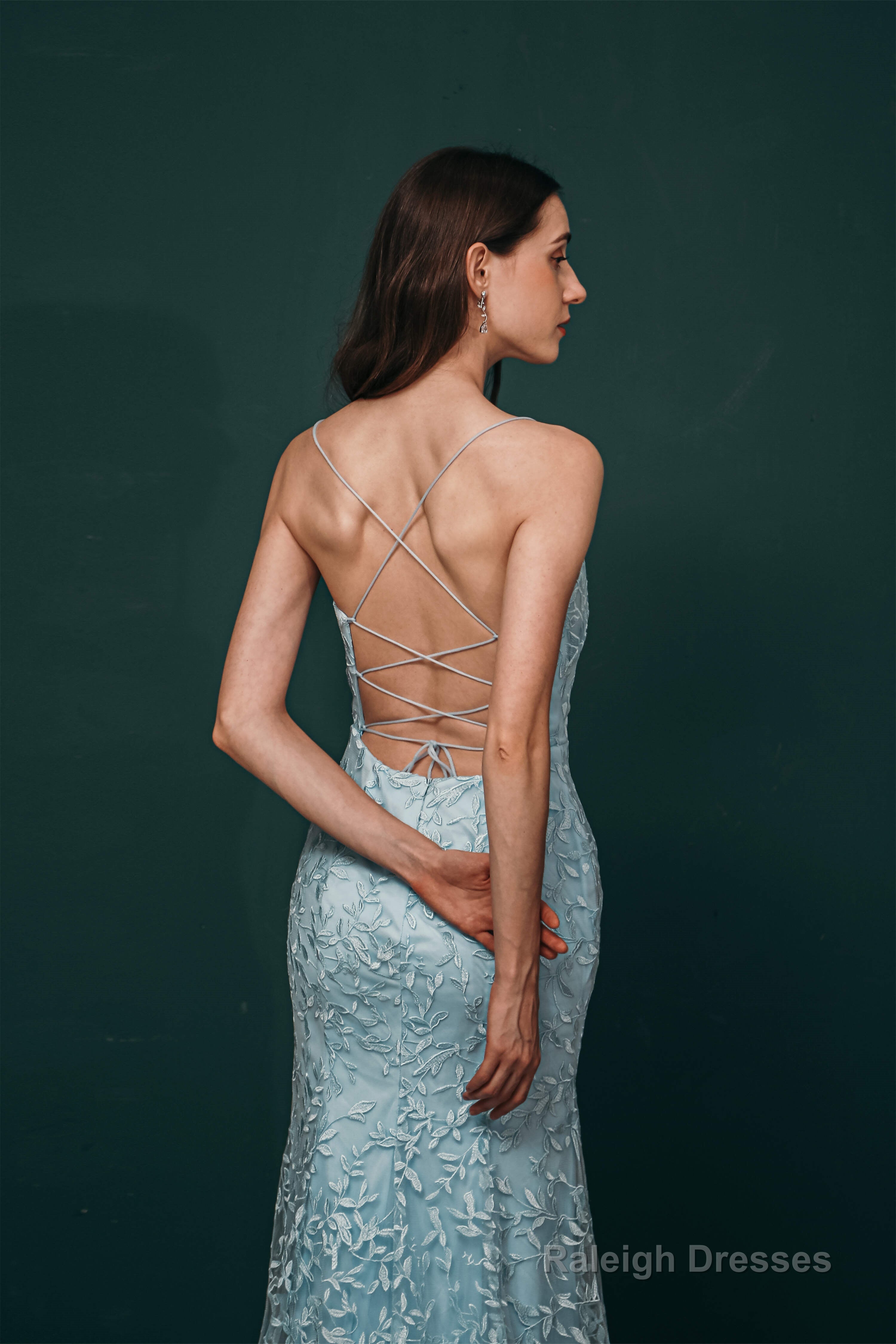 Sky Blue Backless Long Lace Spaghetti Straps Prom Dresses