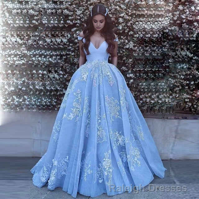 Sky Blue Ball Gown Lace Appliqued Off the Shoulder Quinceanera Dress Main image