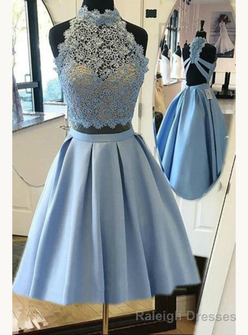 Sky Blue Halter Satin Two Piece Open Back Homecoming Dresses