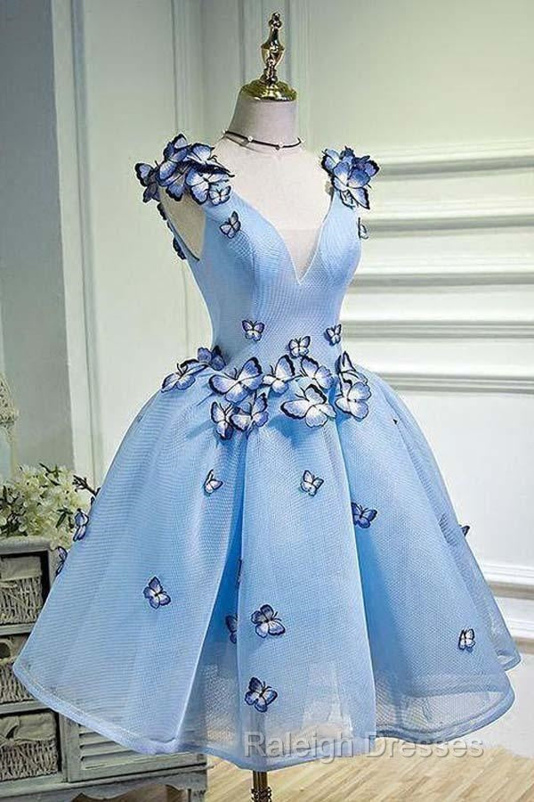 Sky Blue Homecoming Dress Butterfly Applique Short Prom Dresses