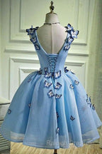 Sky Blue Homecoming Dresses Butterfly Applique Short Prom Dress