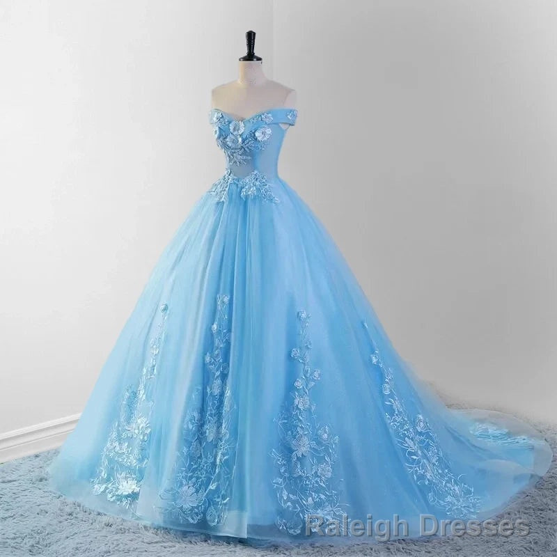 Sky Blue Lace Dress 3D Flowers Quinceanera Dresses with Train