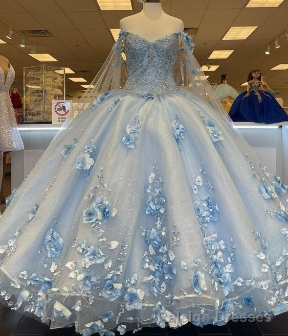 Sky Blue Long Dress 3D Applique Off Shoulder Ball Gown Quinceanera Dresses Main image