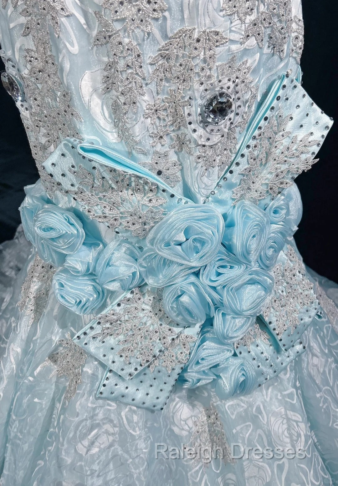 Sky Blue Mermaid Spaghetti Straps Organza Diamond Long Prom Dress Lace Floral Evening Gown