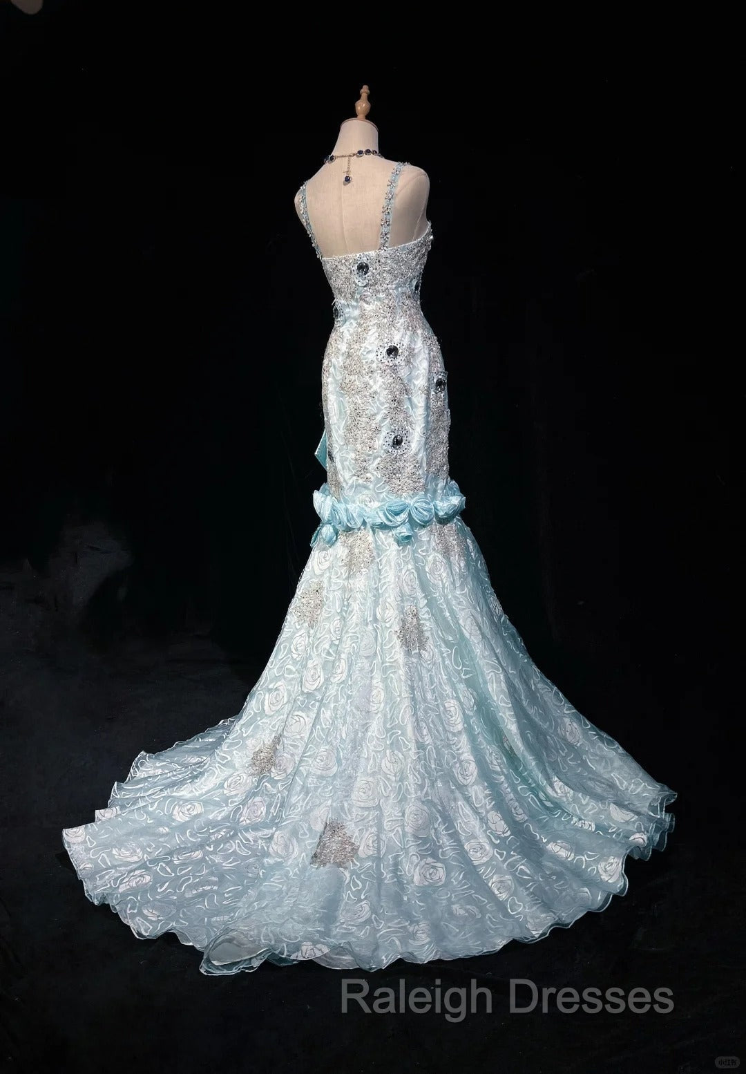 Sky Blue Mermaid Spaghetti Straps Organza Diamond Prom Dresses Long Lace Floral Prom Gown