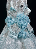 Sky Blue Mermaid Spaghetti Straps Organza Diamond Long Prom Dress Lace Floral Evening Gown