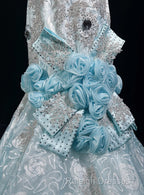 Sky Blue Mermaid Spaghetti Straps Organza Diamond Prom Dresses Long Lace Floral Prom Gown