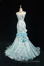 Sky Blue Mermaid Spaghetti Straps Organza Diamond Long Prom Dress Lace Floral Evening Gown