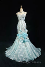Sky Blue Mermaid Spaghetti Straps Organza Diamond Prom Dresses Long Lace Floral Prom Gown