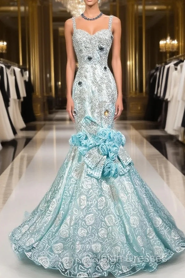 Sky Blue Mermaid Spaghetti Straps Organza Diamond Long Prom Dress Lace Floral Evening Gown