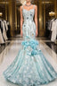 Sky Blue Mermaid Spaghetti Straps Organza Diamond Long Prom Dress Lace Floral Evening Gown