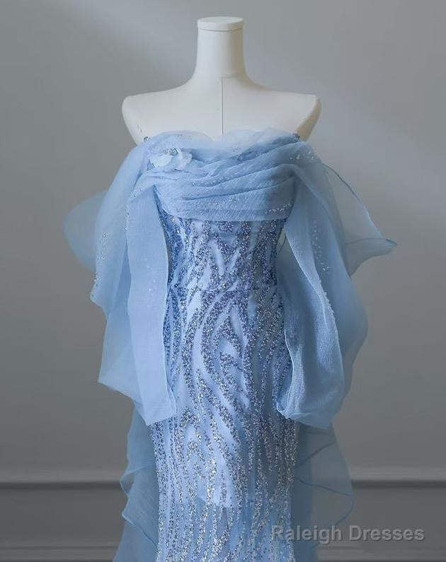 Sky Blue Mermaid Strapless Tulle Beaded Long Prom Dress Elegant Wedding Dress Secondary image