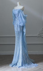 Sky Blue Mermaid Strapless Tulle Beaded Long Prom Dress Elegant Wedding Dress