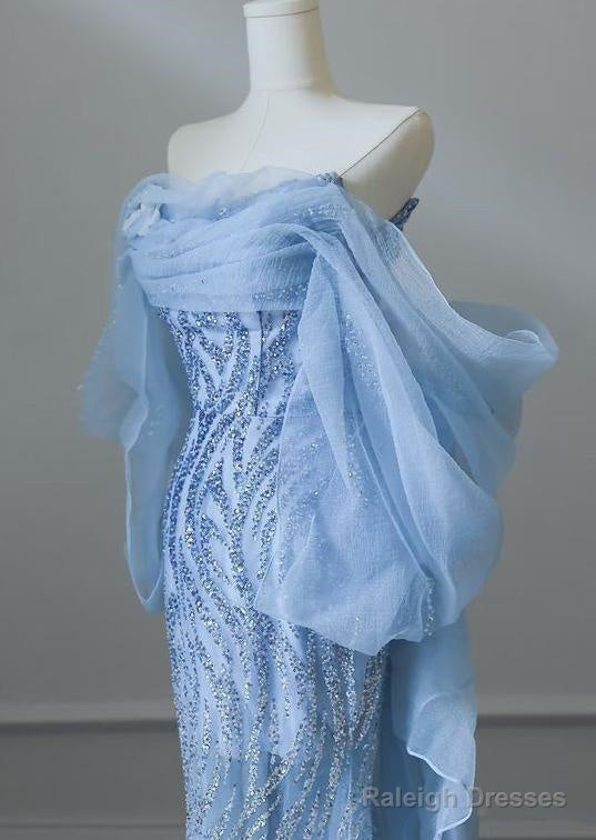 Sky Blue Mermaid Strapless Tulle Beaded Long Prom Dress Elegant Wedding Dress