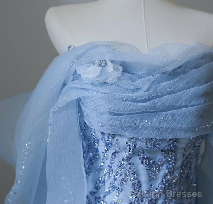 Sky Blue Mermaid Strapless Tulle Beaded Prom Dresses Long Elegant Wedding Dresses