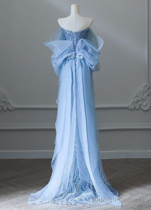 Sky Blue Mermaid Strapless Tulle Beaded Prom Dresses Long Elegant Wedding Dresses