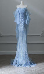 Sky Blue Mermaid Strapless Tulle Beaded Long Prom Dress Elegant Wedding Dress