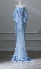 Sky Blue Mermaid Strapless Tulle Beaded Prom Dresses Long Elegant Wedding Dresses