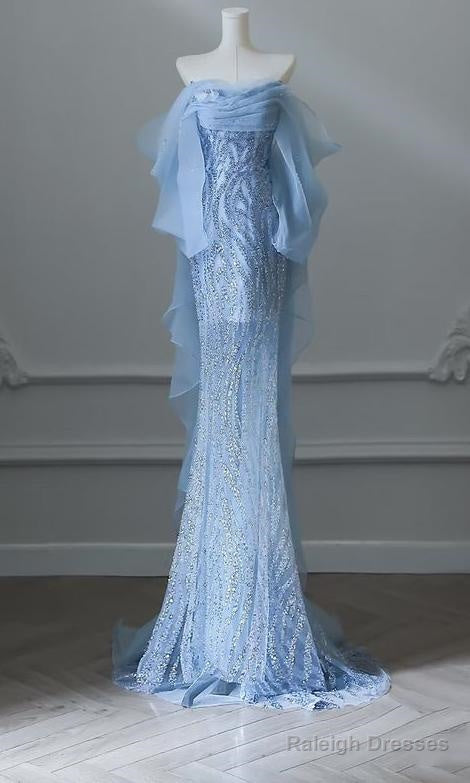 Sky Blue Mermaid Strapless Tulle Beaded Prom Dresses Long Elegant Wedding Dresses