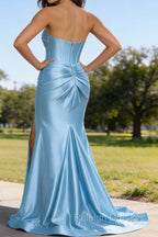 Sky Blue Mermaid Sweetheart Corset Prom Dresses Long with Slit
