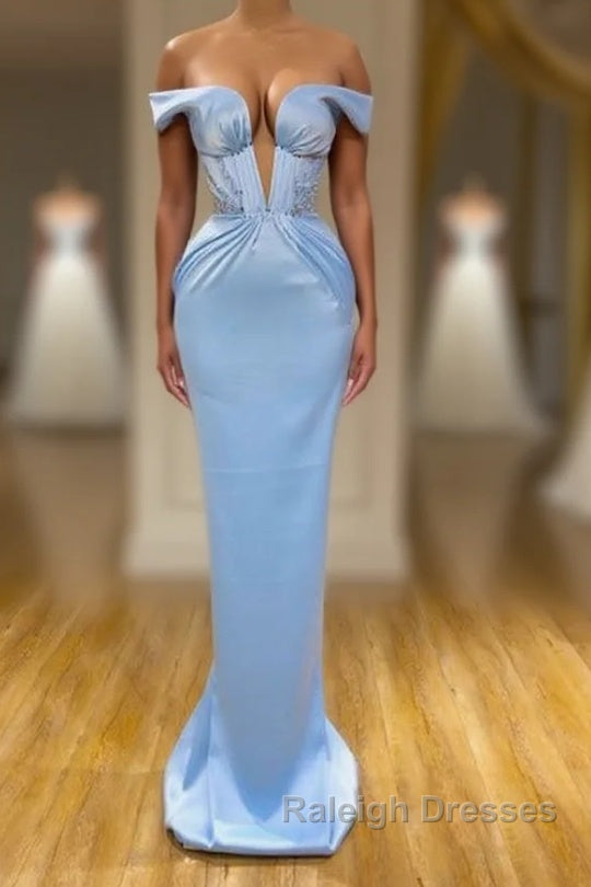 Sky Blue Mermaid V-Neck Off-The-Shoulder Prom Dress