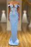 Sky Blue Mermaid V Neck Off-The-Shoulder Prom Dresses