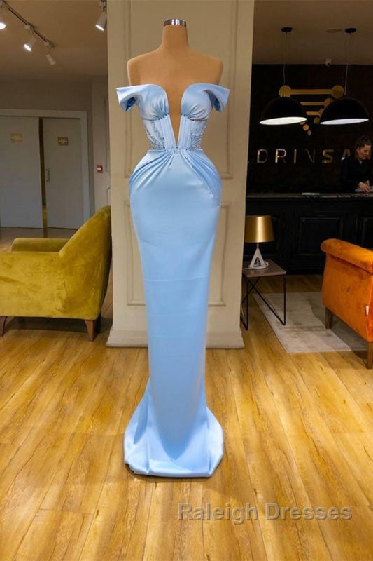 Sky Blue Mermaid V Neck Off-The-Shoulder Prom Dresses Secondary image