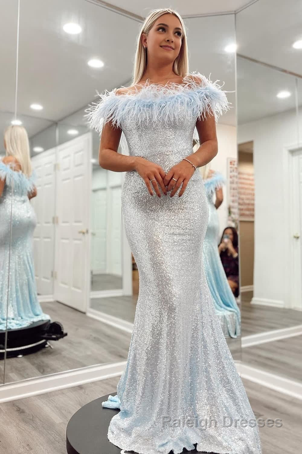 Sky Blue Sequin Mermaid Prom Dress with Feather Main image