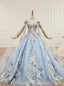 Sky Blue Tulle High Neck Backless Appliques Beading Wedding Dress