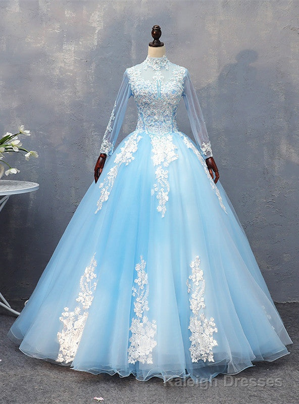 Sky Blue Tulle Long Sleeve Appliques Quinceanera Dress Main image