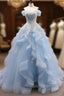 Sky Blue Tulle Ruffles Appliques A Line Prom Dress