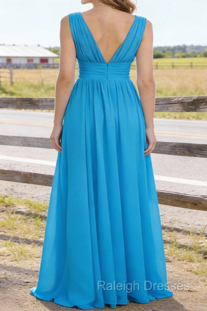 Sky Blue V Neck Chiffon Floor Length Bridesmaid Dress Long Bridesmaid Dresses With Pleated Split Secondary image