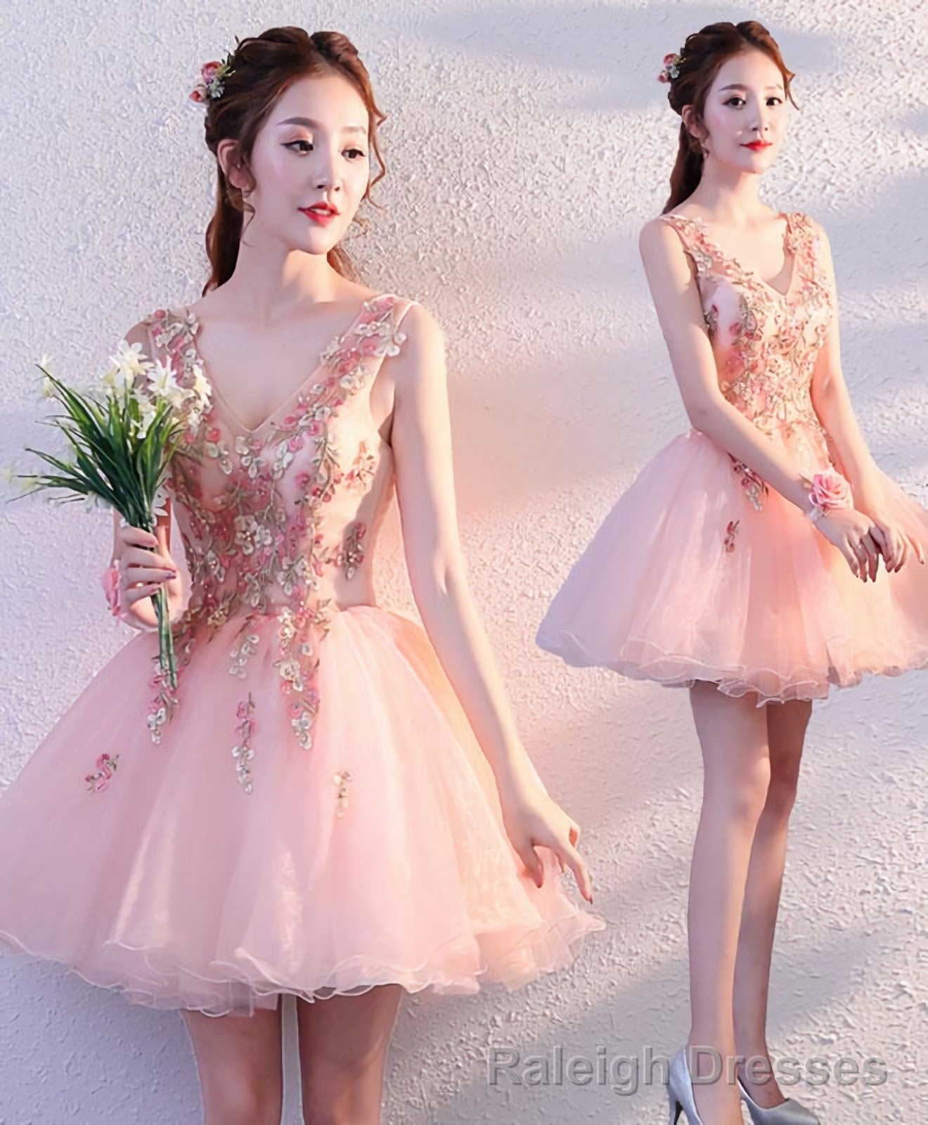 Pink V Neck Tulle Short Prom Dress Homecoming Dress Secondary image