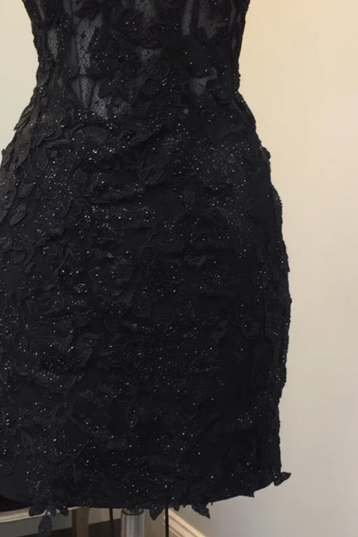 Sleeveless Black Lace Homecoming Dress Spaghetti Straps