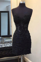 Sleeveless Black Lace Homecoming Dress Spaghetti Straps