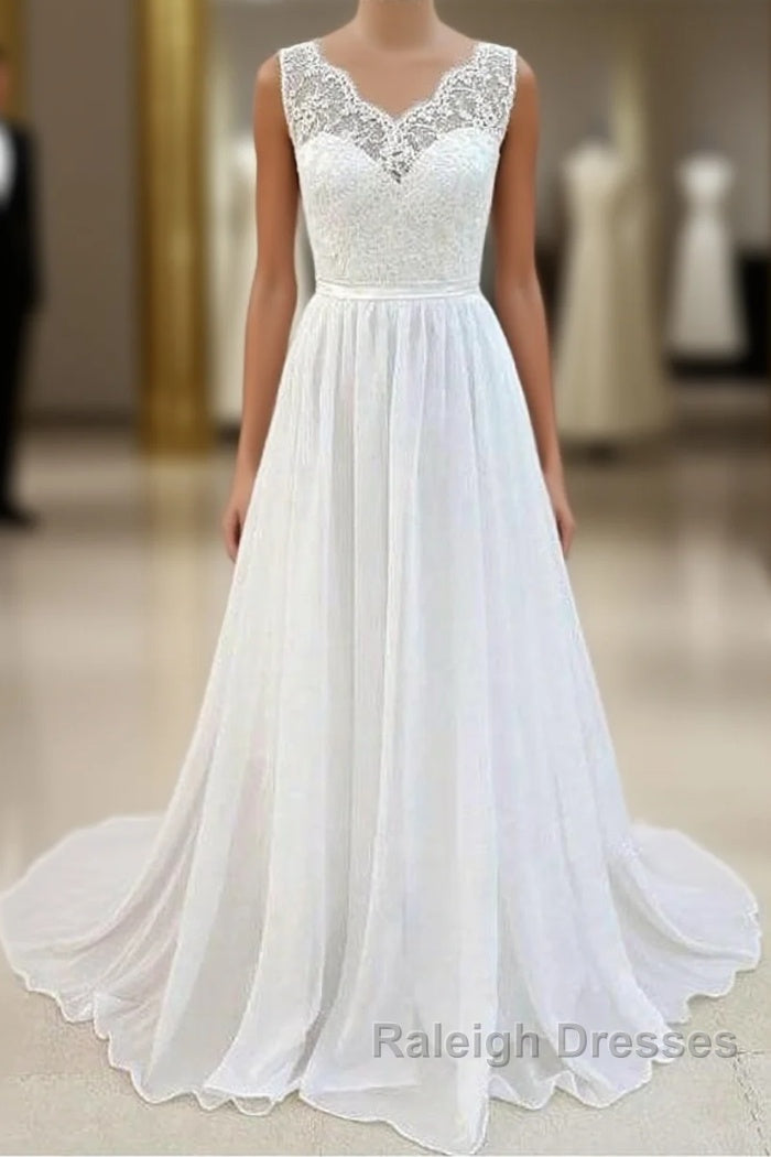 Sleeveless Long Chiffon Wedding Dress With Lace Main image