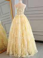 Sleeveless Pale Yellow Lace Sweetheart A-line Floor-length Formal Prom Dress