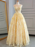 Sleeveless Pale Yellow Lace Sweetheart A-line Floor-length Formal Prom Dress