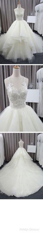 Sleeveless Scoop Yarn Neck  Lace Ivory Tulle Asymmetrical Ball Gown Cathedral Train Wedding Dresses,