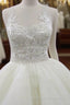 Sleeveless Scoop Yarn Neck  Lace Ivory Tulle Asymmetrical Ball Gown Cathedral Train Wedding Dresses,
