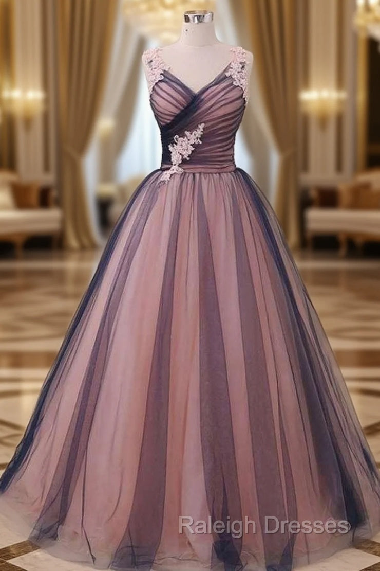 Sleeveless V Neck Long/Floor-Length Ball Gown Tulle Prom Dress With Appliqued Main image