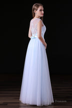 Sleeves Appliques Sheer Lace Button Floor Length Tulle Prom Dresses