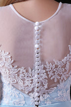 Sleeves Appliques Sheer Lace Button Floor Length Tulle Prom Dresses