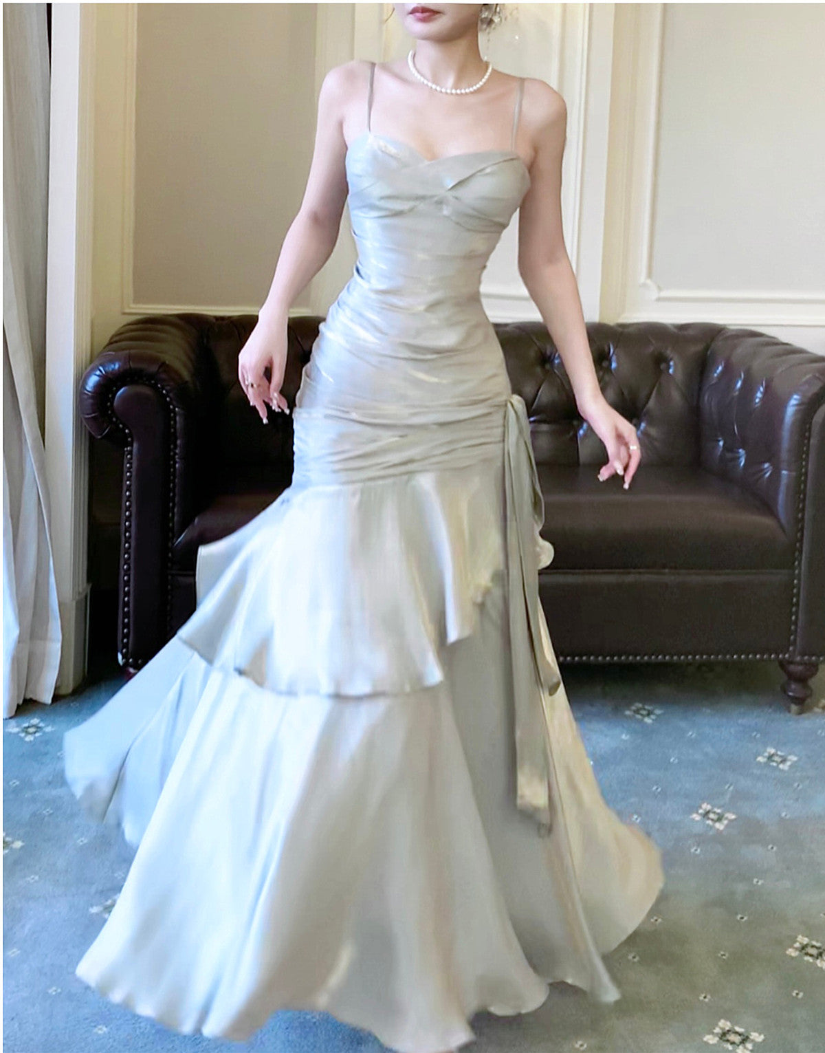 Sliver Grey Satin Straps Long Prom Gowns Cute Long Prom Dresses