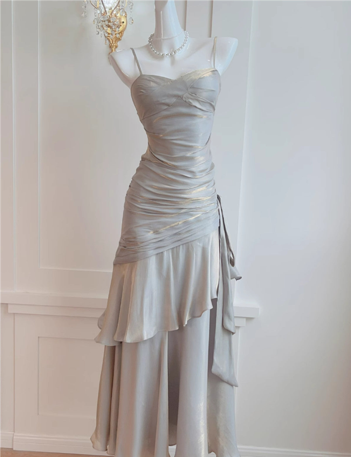 Sliver Grey Satin Straps Long Prom Gowns Cute Long Prom Dresses