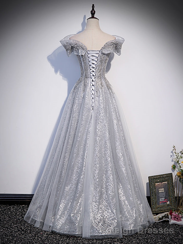 Sliver-Grey Shiny Tulle Off Shoulder Prom Dress, Sliver Long Prom Dresses