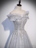 Sliver-Grey Shiny Tulle Off Shoulder Prom Dress, Sliver Long Prom Dresses